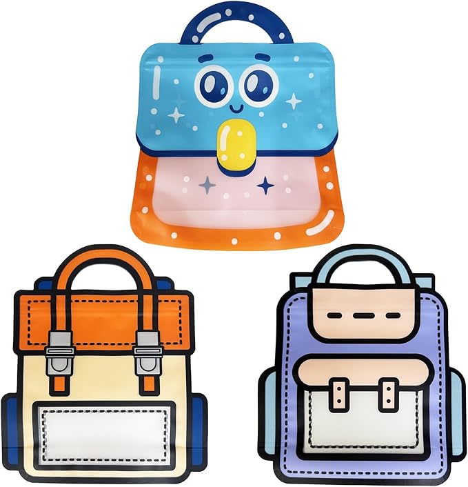 PABCK 30 Pack Plastic Gift Bags Cartoon Goodie Bags 7.09x8.27 inch Backpack-shaped Candy Packaging Bag with Handle Resealable Treats Birthday Party Favor Stand Up (10 Blue,10 Purple and 10 Orange)