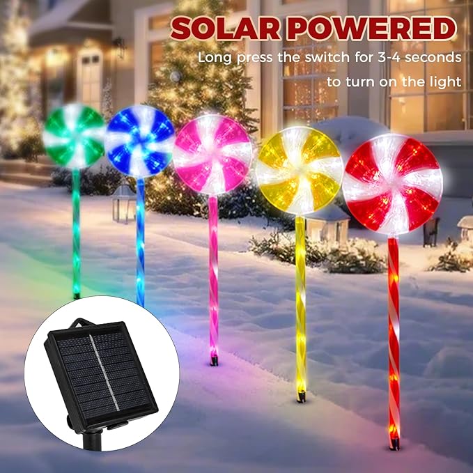 Outdoor Christmas Decorations Solar Pathway Lights, Set of 5 Lollipops Peppermint Stake Lights, 8 Modes Candy Cane Walkside Lights, Outdoor Xmas Decoration for Walkway,Yard