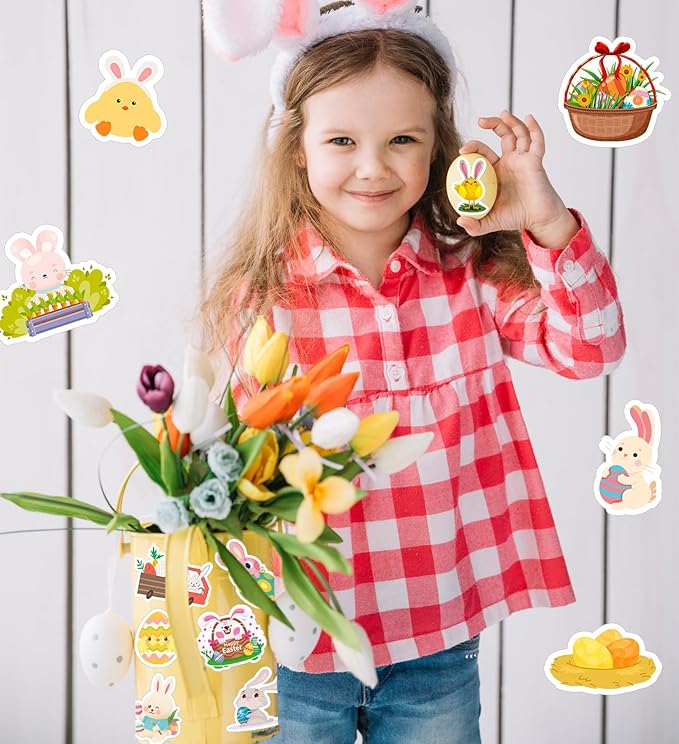 100PCS Easter Stickers, Cute Bunny, Eggs & Spring Crafts, Perfect Easter Basket Stuffers, Party Favors & DIY Craft Supplies, Durable, Reusable Easters Decorations