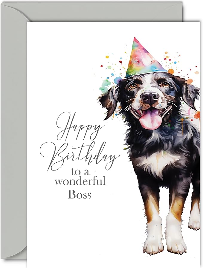 Birthday Cards for Boss - Party Hat Dog - Happy Birthday Card for Boss from Employee Colleague, 5x7 Inch Bday Gifts Greeting Cards for Women Men Him Her