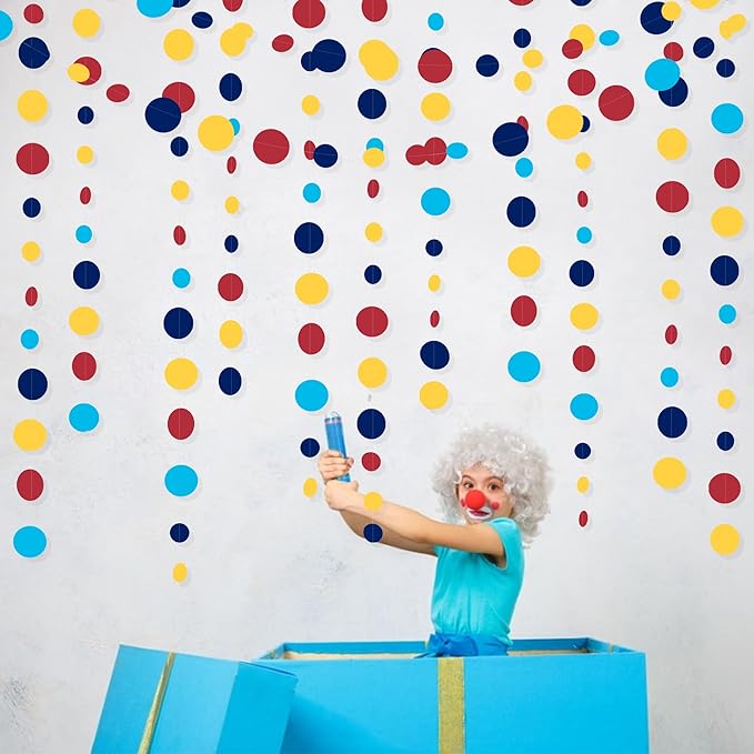 Red Blue Yellow Party Decorations Circle Dots Garland Hanging Paper Polka Dot Streamer for Carnival Circus Clown Fiesta Festivals Birthday Wedding Bridal Shower Wedding Baby Shower Party Supplies