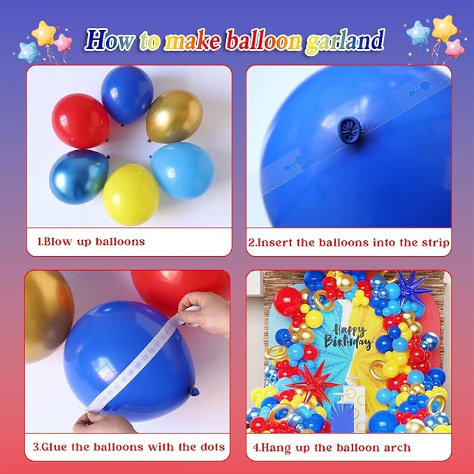 142 Pcs Cartoon Hedgehog Red Blue Yellow Balloon Arch Kit,Gold Circle Twisting Balloons with Exploding Star Foil Balloons for Video Game Theme Birthday Party Carnival Circus Baby Shower Decorations