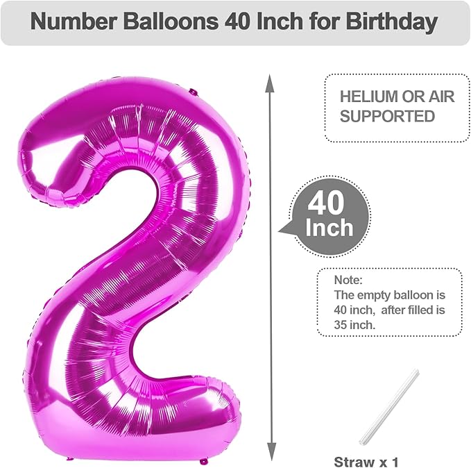 40 Inch 2 Birthday Balloon, Rose Purple Number Balloons for Birthday Party Decoration, 2 Ballon Party Decoration for 2, 12, 20, 22, 2026 Celebration, Graduation, Birthday, Anniversary Decor