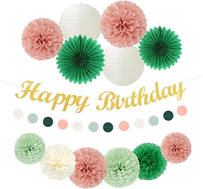 Sage-Green Pink Birthday Party-Decorations Paper-Flowers - 14pcs Happy Banner Spring Lanterns Tissue Pom Poms,Boho Streamers Garland Fans,Neutral Rustic Garden Office Hanging Supplies Decor Hugfond