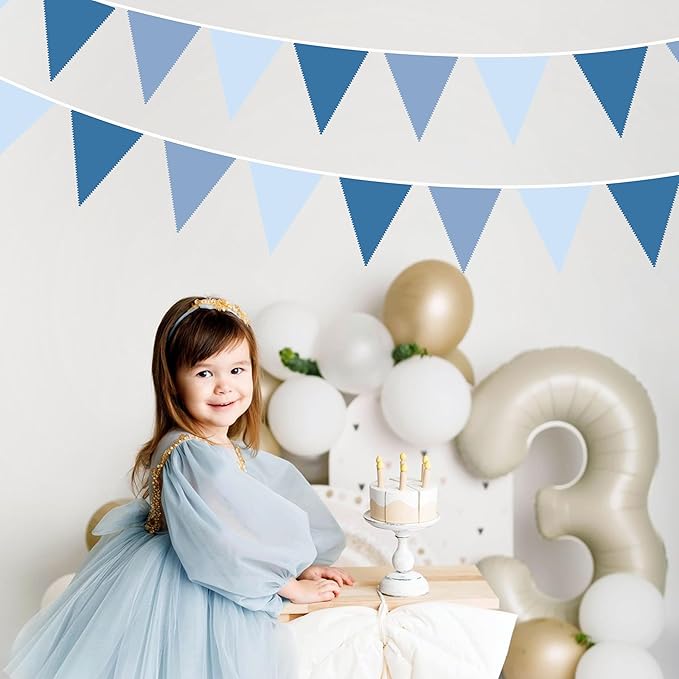 32Ft Retro Blue Party Decorations Dusty Blue Triangle Banner Flag Pennant Fabric Garland Streamers for Nautical Birthday Ahoy Achor Baby Shower Under The Sea Summer Graduation Nautical Party Decor