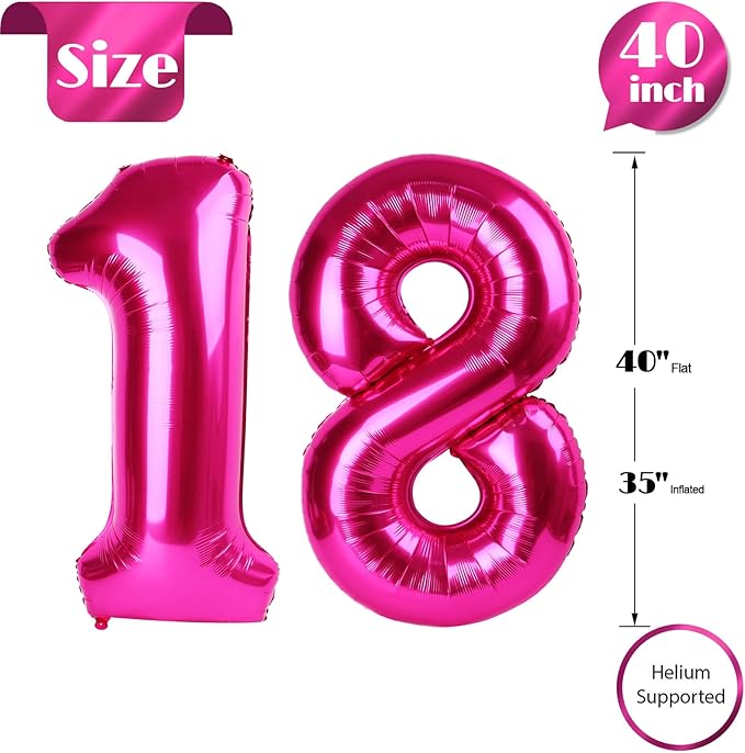 Hot Pink Number 18 Balloons 40 inch, 18 Number Balloons, 18th Birthday Decorations, 18 Year Old Women Hot Pink Party Supplies