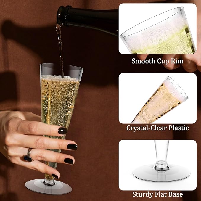 100 Pack Plastic Champagne Flutes Disposable Wine Glasses, 4.5 Oz Clear Mimosa Glasses Bulk Cocktail Toasting Cups for Women's Day Party Supplies Wedding, Copas De Plastico Para Brindis