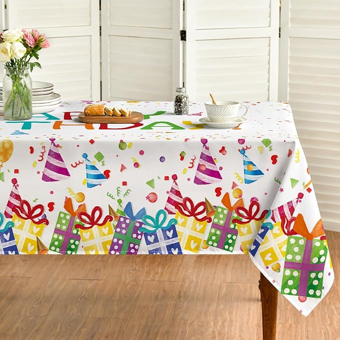 Horaldaily Birthday Tablecloth 52x70 Inch Rectangular, Happy Birthday Ballon White Washable Seasonal Table Cover for Party Picnic Dinner Decor