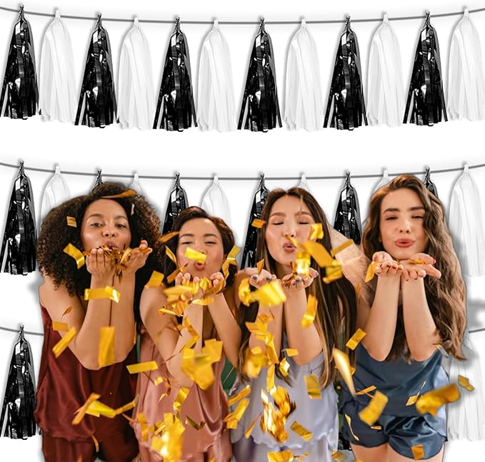 3P Black White Foil Fringe Tassel Banner Metallic Tinsel Streamer Garland Wall Curtain Backdrop for Parade Floats, Graduation, Halloween, Christmas, Father's Day Party Decorations