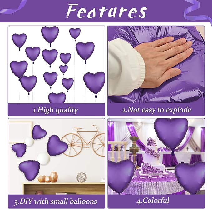 Purple Heart Balloon, 10PCS Purple Foil Heart Balloons, 18inch Metallic Purple Heart Shape Foil Balloons for Helium Birthday Party Decorations for Brithday Party, Valentines Day, Wedding, Anniversary