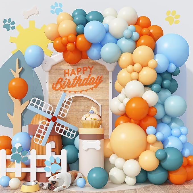 Orange and Blue Balloon Garland Arch Kit, 125pcs Retro Burnt Orange Baby Dusty Fog Blue Beige Ivory White Latex Balloons Arch for Birthday Decor, Boys Baby Shower Wedding Graduation Party Decorations