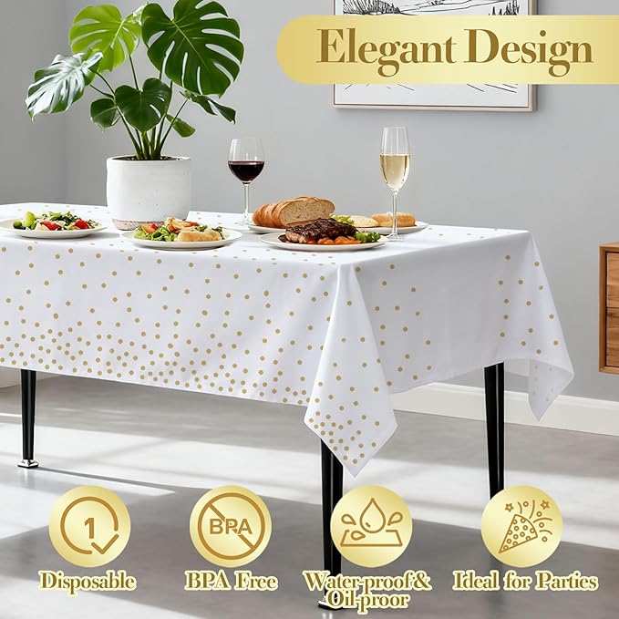 4 Pack Plastic Tablecloths for Rectangle Tables, Waterproof Disposable Party Table Cloths with Gold Dot, Rectangular Table Covers for Decorations, Baby Shower, Birthday, Wedding, New Year