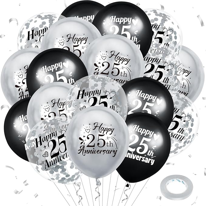 25th Anniversary Balloons 18Pcs Black Silver Party Decorations for Women Men - 12Inch Happy Confetti Latex Balloons for Indoor Outdoor Party Supplies