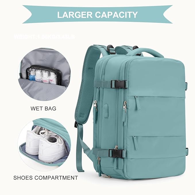 coowoz Large Travel Backpack For Women Men, Carry On Backpack,Hiking Backpack Waterproof Outdoor Sports Rucksack Casual Daypack Expandable Heavy Duty Extra large Backpack Blue Expansion