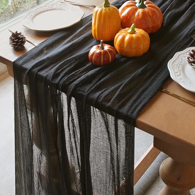 FEXIA Black Table Runner Cheesecloth 30x118 Inches Halloween Table Decor Rustic Boho Gauze for Wedding Baby Shower Bridal Shower First Communion and Home Decorations