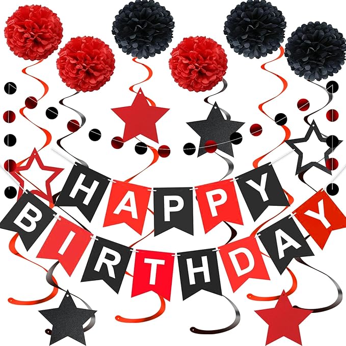 Red and Black Birthday Decorations, Black Happy Birthday Banner, Red Happy Birthday Decorations for Men Women and Girls Birthday Party Decorations