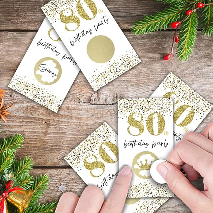 REWIDPARTY White Gold 80th Birthday Party Scratch Off Game Cards（32 PCS）Happy 80th Birthday Party Scratch Cards Cheers to 80 Years Party Supplies Activity for Birthday Raffle Tickets Kids Adults