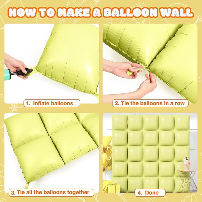 NISOCY 25PCS Yellow Square Foil Balloons Wall Backdrop Double Sided Pastel Yellow Balloons Arch Kit for Birthday Baby Bridal Shower Gender Reveal Easter Wedding Anniversary Party Decorations