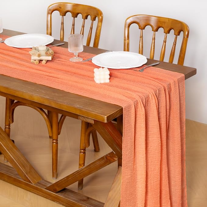 Socomi 3pcs Peach Orange Easter Spring Gauze Cheesecloth Table Runner 120 Inch Rustic Boho Cheese Cloth Runner for Wedding Party Baby Bridal Shower Centerpiece Decoration Holiday Home Decorations