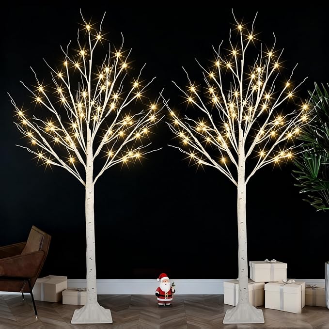 2-Pack 4FT Lighted Birch Tree for Indoor Christmas Decorations Outdoor, Higher Size, Timer Function Birch Christmas Tree with 96 LED Warm White Lights for Home Decor Bedroom Thanksgiving Party Garden
