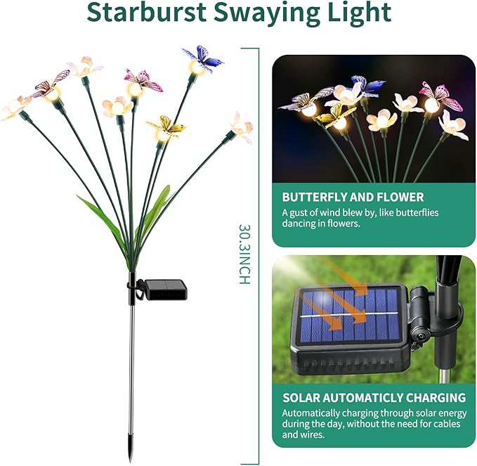 Solar Garden Lights,2packs-16LED,Outdoor Solar Powered Decor for Yard, Patio, Pathway, IP65 Waterproof Butterfly Lights