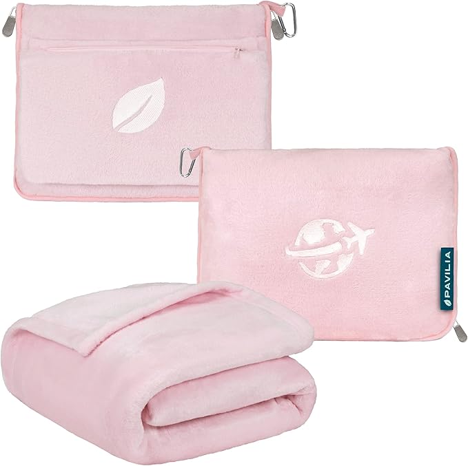 PAVILIA Travel Blanket and Pillow, Arms Opening Airplane Blankets for Adults, Compact Plane Blanket with Arm Hole 2-in-1 Bag for Flight Car Camping Fit in Luggage Backpack Traveler Gift, Pink