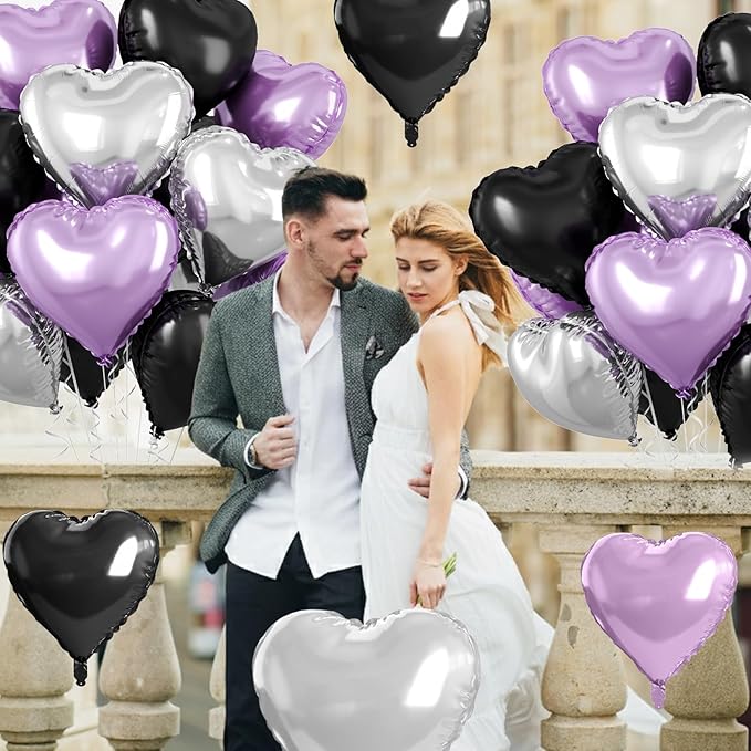 Purple and Black Heart Balloons, 10 Pcs Light Purple Silver Heart Shape Foil Balloon 18 Inch Birthday Balloons for Girls Princess Theme Birthday Wedding Valentines Baby Shower Party Decoration