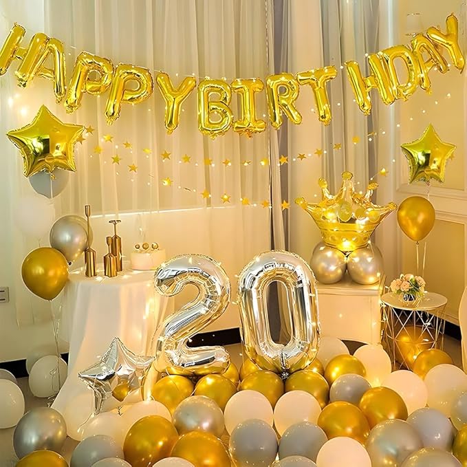 23pcs Birthday Balloons Banner, 3D Gold Premium Mylar Foil Ecofriendly Letter Happy Birthday Banner with 5pcs Star Balloons Kits for Kids Girls Boys Men Adults Birthday Party Decorations Supplies