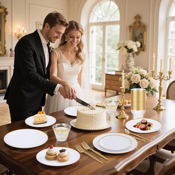 bUCLA 150PCS White and Gold Plastic Plates Disposable - 25 Guests Gold Dinnerware Set - Include 25 Each (Dinner & Dessert) Plates, 25 Knives, 25 Forks, 25 Spoons & 25 Cups for Party