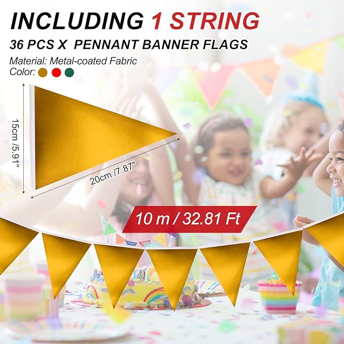 PATIKIL Pennant Banner Flags 33 Ft, 36 Pcs Colorful Triangle Banners Party Banner Bunting Garland String for Graduation Birthday Wedding Outdoor Decoration, Glitters Red/Green/Gold
