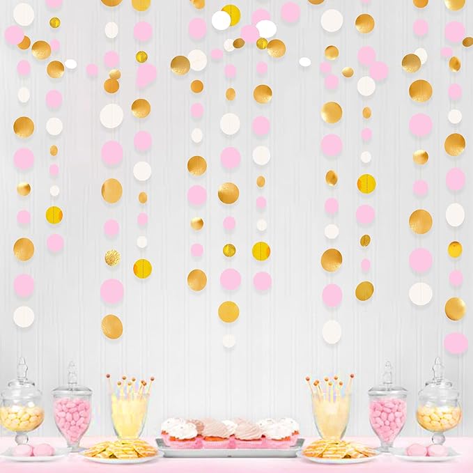 Gold and Pink Party Decorations Circle Dots Garland Metallic Gold Light Pink and White Hanging Polka Dot Streamer for Women Girl Birthday Baby Shower Bridal Shower Wedding Princess Party Supplies