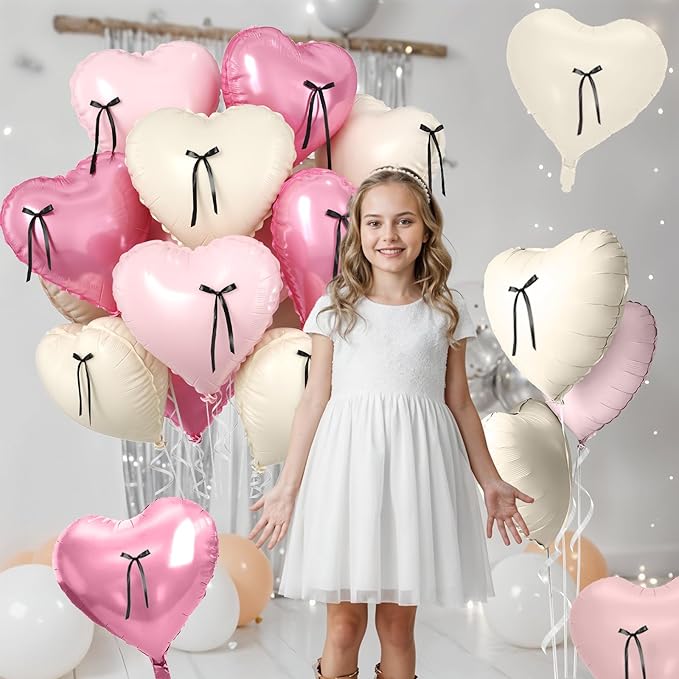 Pink Heart Balloons, 10 Pcs Pastel Pink Cream Heart Shaped Balloon with Black Bow Ribbon, 18 Inch Pink Sand White Foil Balloons for Girls Women Brithday Baby Shower Wedding Valentines Party Decoration