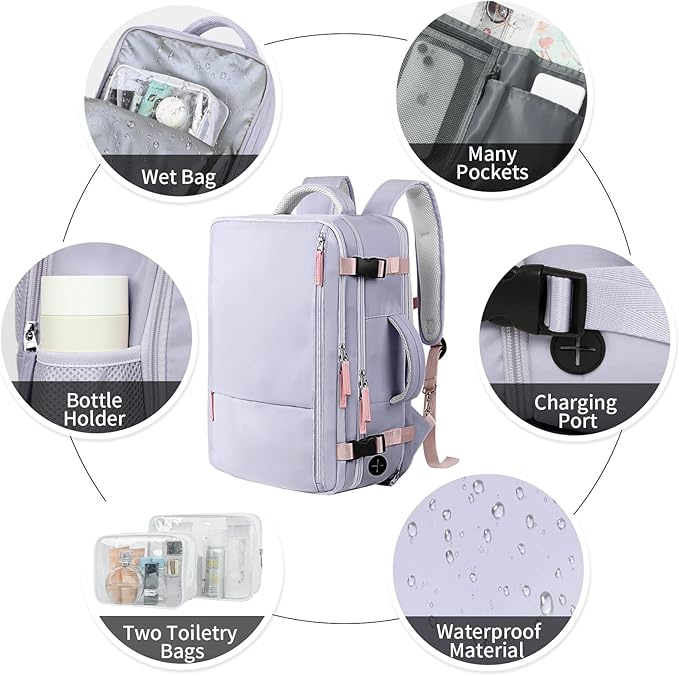 Hanples Large Travel Backpack for Women as Person Item Flight Approved, Waterproof 40L Carry On Backpack, 17 Inch Laptop Backpack for Business Bag with 2 Toiletry Bags (Gray Purple)