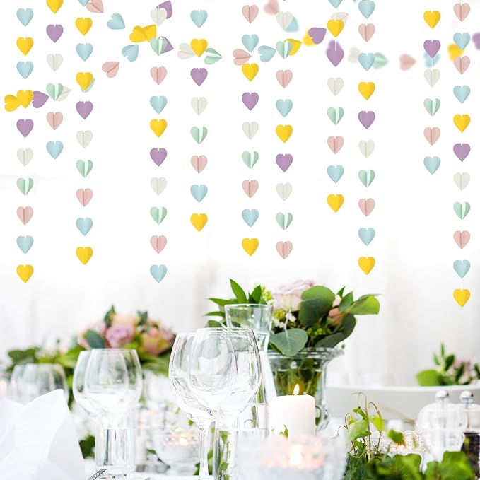 Pastel-Rainbow Party-Decorations 3D Heart Garland - 39Ft Yellow Blue Pink Purple Mint Hanging Paper Streamers Banner, Engagement Wedding Bachelorette Baby Bridal Shower Decor Ouruola