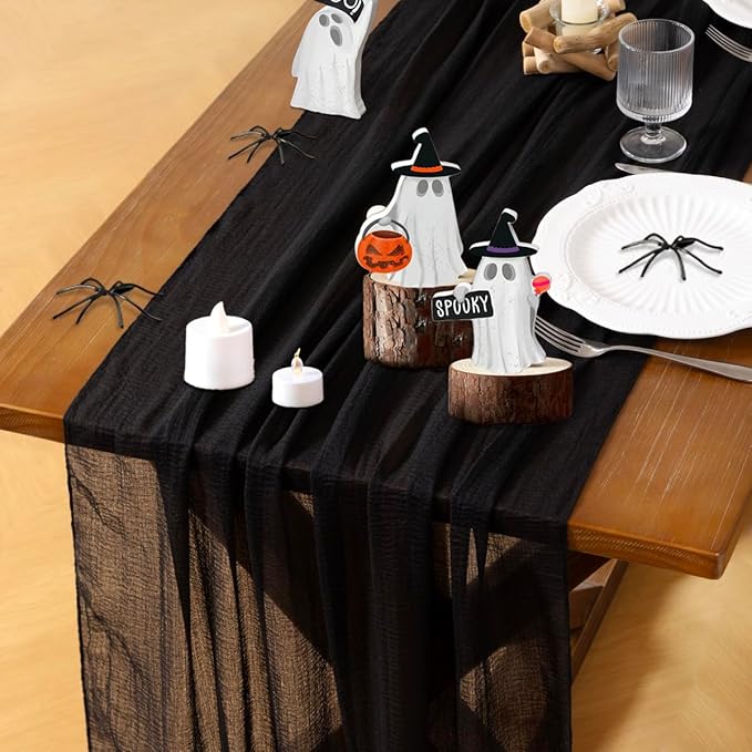 Socomi 3pcs Black Cheesecloth Table Runner Halloween Gauze 120 Inch Rustic Boho Cheese Cloth Runner for Wedding Party Baby Bridal Shower Centerpiece Decoration Holiday Home Decorations