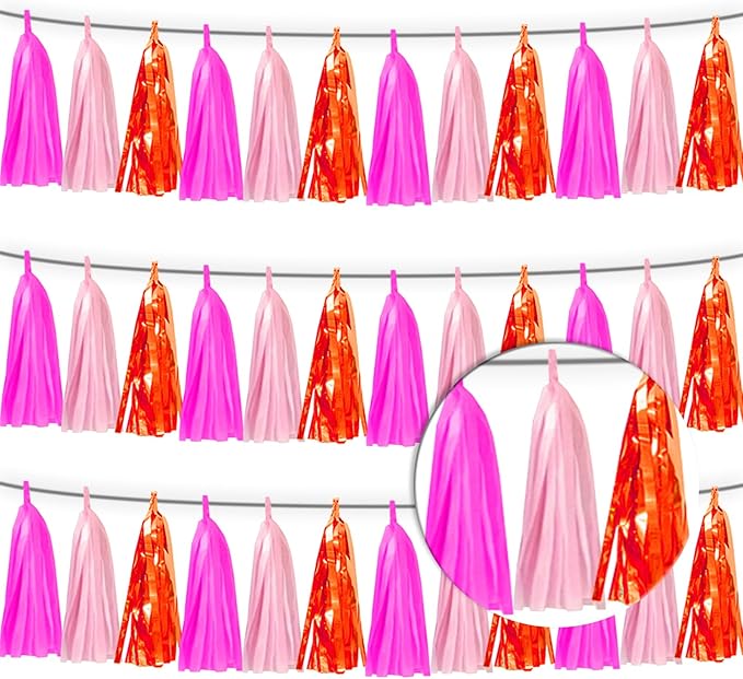3P Hot Pink Orange LightPink Metallic Fringe Banner Garland Foil Tinsel Streamer Backdrop Banners for Parties, Wall Hanging Curtain Parade Floats,Graduation Decorations, Wedding Party Decoration