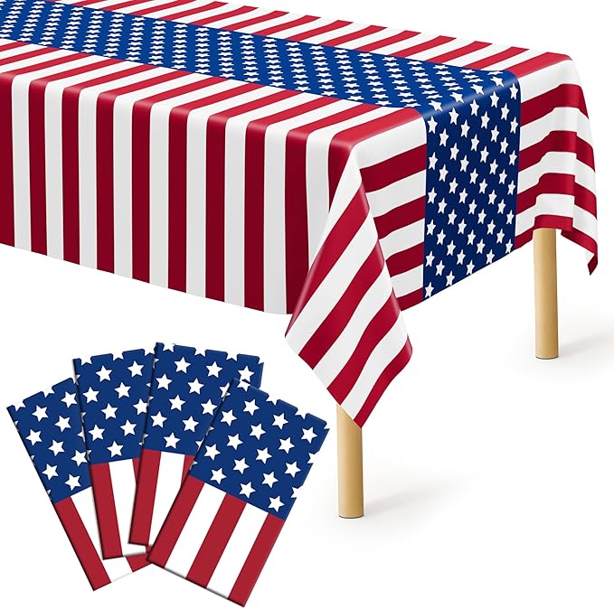 QZYL 4 Pack 4th of July Tablecloths, 54" x 108" Patriotic Plastic Table Cover, Rectangle Red White and Blue Tablecloth American Tablecover, Fourth of July Decorations Memorial Day Party Supplies