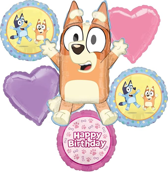 Bingo and Bluey Girl Birthday Party Supplies Foil Balloon Bouquet Decorations 6pc