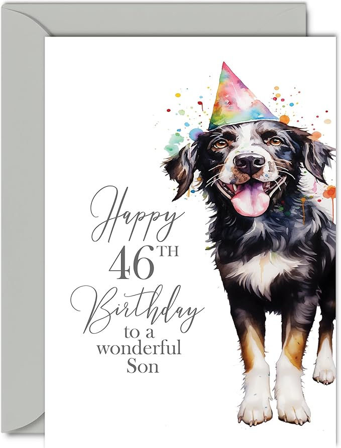 46th Birthday Cards for Son - Party Dog - Happy Birthday Card for 46 Year Old Son from Dad Mum, 5x7 Inch Bday Men Man Him Greeting Cards Gift for Son Birthday Gifts