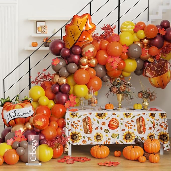 Fall Thanksgiving Balloon Arch Kit, 142Pcs Burnt Orange Burgundy Yellow Balloons with Maple Leaf Pumpkin Foil Balloons for Autumn Little Pumpkin Baby Shower Birthday Friendsgiving Party Decorations