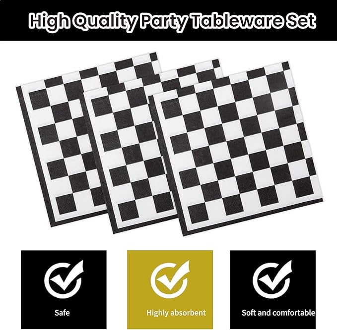 40Pcs Race Car Party Supplies Paper Plates and Napkins, 9 Inch Disposable Black White Checkered Flag Plates and Napkins for Race Car Birthday Party Decorations (Checkered)