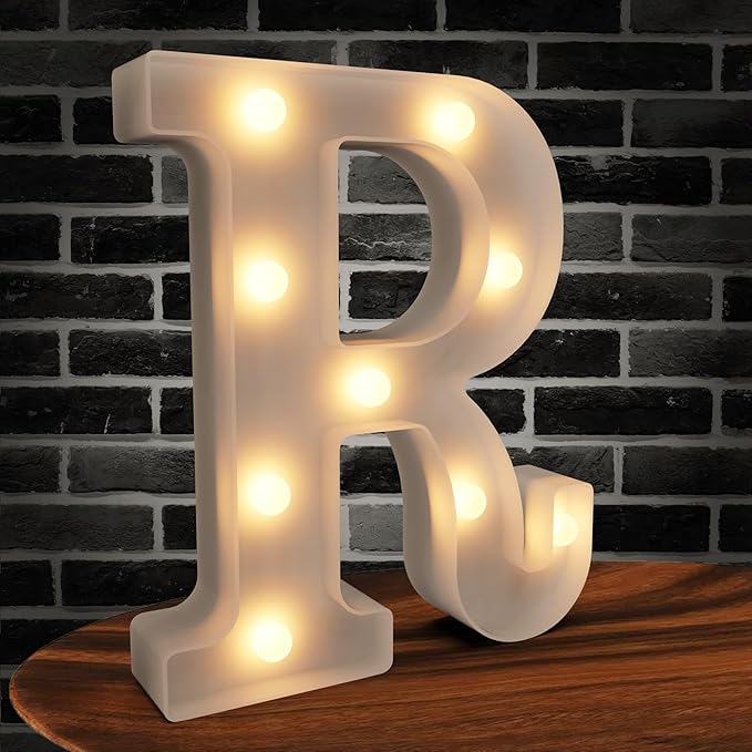 Light Up Letters Marquee, LED Alphabet Sign, White Plastic Battery Powered Night Lights for Parties (R)