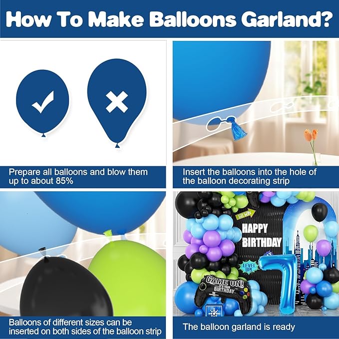 7th Birthday Video Game Balloons Arch, 7th Party Balloons Garland Kit 7th Birthday Supplies with Blue Number 7 Balloon Game Foil Balloons for 7 Year Old Teens Boys Decor