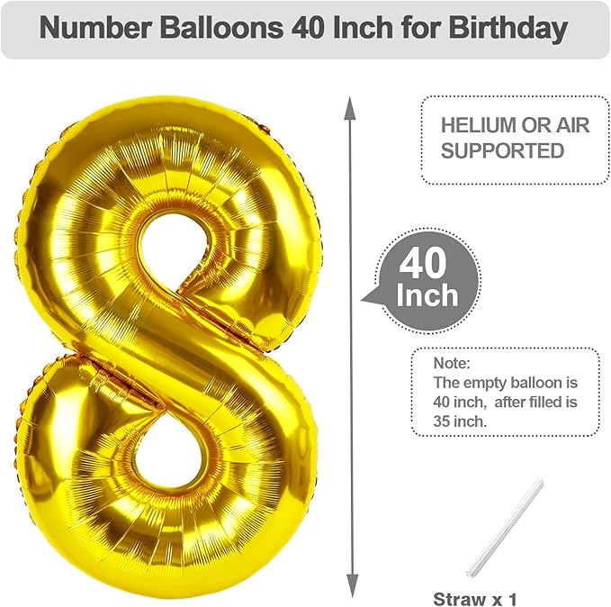 Balloon 8 Numbers, 40 Inch Gold Fiol Large Ballon for Women And Men, Balloons Decoration for Happy 8 18 28 80 Birthday, Wedding Anniversary, Christmas, New Year, Halloween Party Decoration