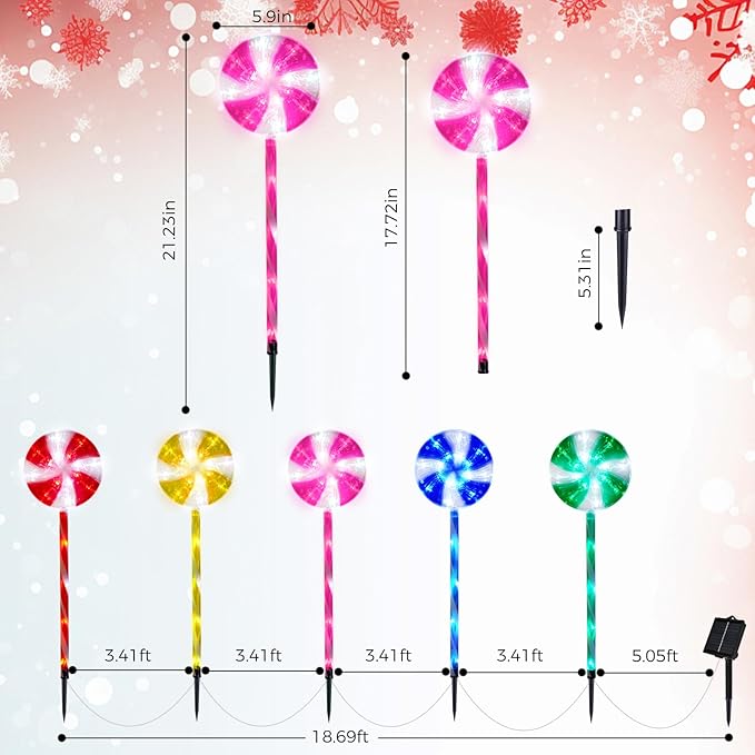 Outdoor Christmas Decorations Solar Pathway Lights, Set of 5 Lollipops Peppermint Stake Lights, 8 Modes Candy Cane Walkside Lights, Outdoor Xmas Decoration for Walkway,Yard