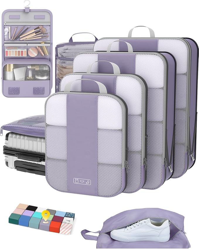 8 Set Compression Packing Cubes for Travel Essentials,Compressible Expandable Packing Cubes for Suitcase,OlarHike Luggage Organizer Bags for Travel,Handy Helper for Organizing Clothes(Purple Gray)