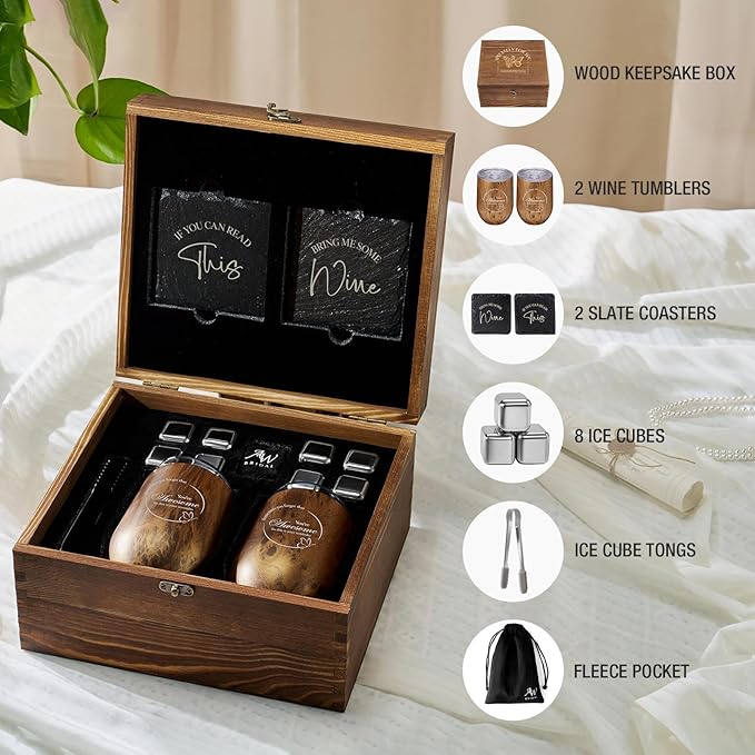Wine Lovers Gifts for Women, Birthday Gifts for Mom Sister Friend Coworker Girlfriend Inspirational Gift Set, Wine Gift Box Set with Tumblers, Ice Cubes