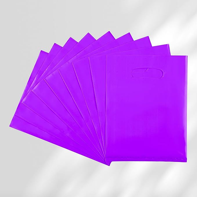 Purple 100 PCS Small Gift Bags, 6"x8" Goodie Party Favor Bags with Handle, Treat Retail Pouches for Kids Birthday, Christmas, Small Business