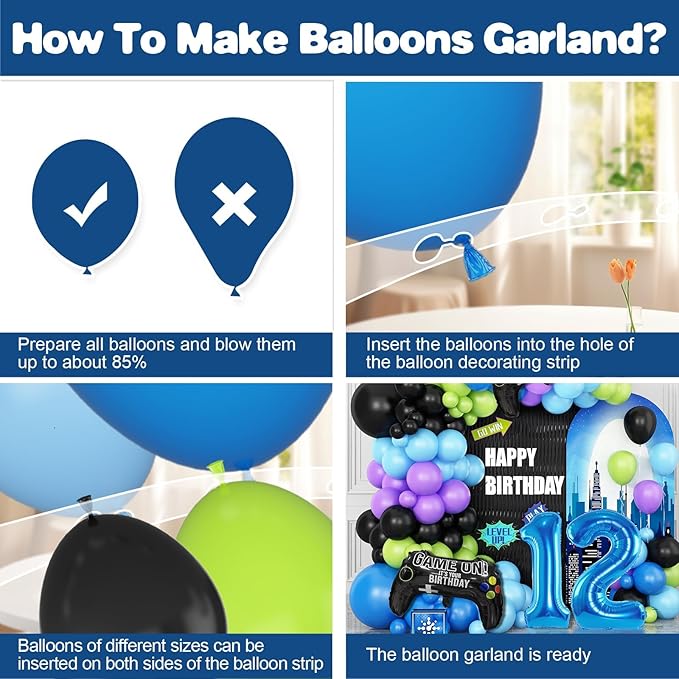 12th Birthday Video Game Balloons Arch, 12th Game Party Balloons Garland Kit 12th Birthday Supplies with Blue Number 12 Foil Balloons for 12 Year Old Teens Boys Birthday Decor