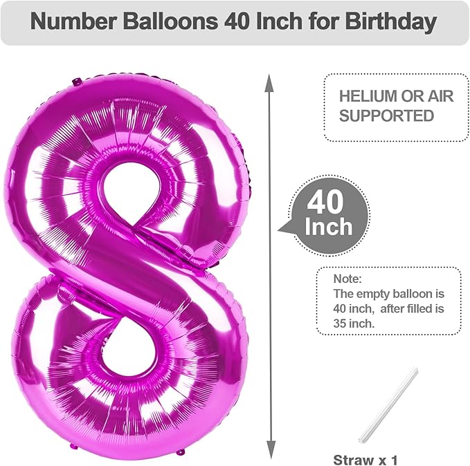8 Balloon Numbers, 40 Inch Rose Purple 8 Birthday Decoration for Women And Men, Balloons Decoration for Happy 8 18 28 80 Birthday, Wedding Anniversary, New Year, Halloween Party Decoration